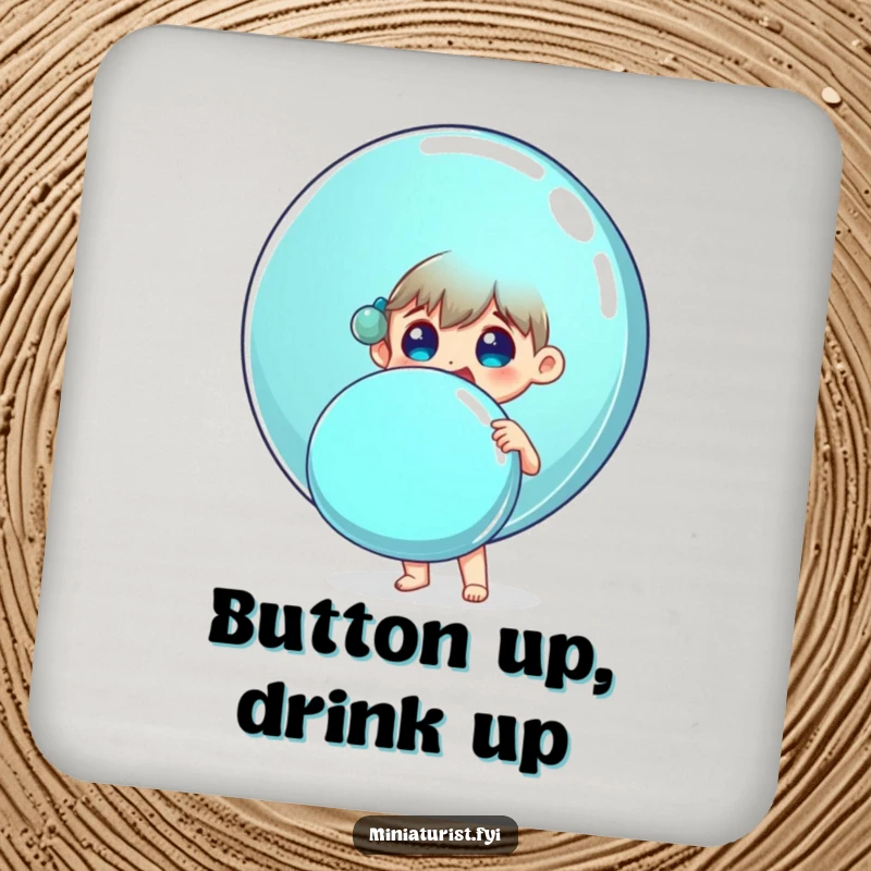 Funny coaster with a small person surprised and delighted holding an enormous shiny button, a joyful table accessory.