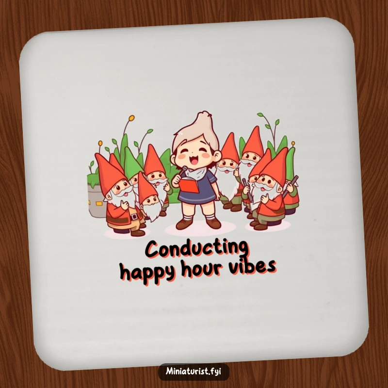 Funny Coaster: Miniature conductor leading a humorous orchestra composed of garden gnomes, protecting surfaces with style.