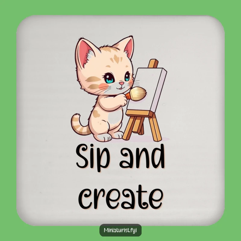 Funny Kitten Artist Coaster: Tiny Painter Drink Protector Gift
