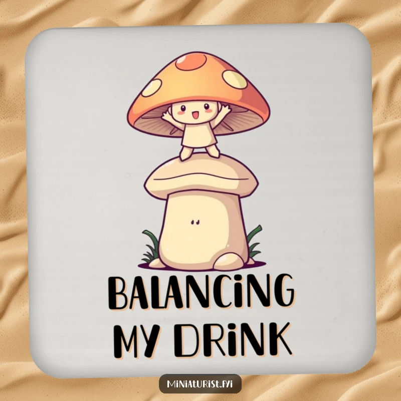Funny mushroom balance drink coaster with a character perched on a mushroom cap, offering whimsical protection and humor.