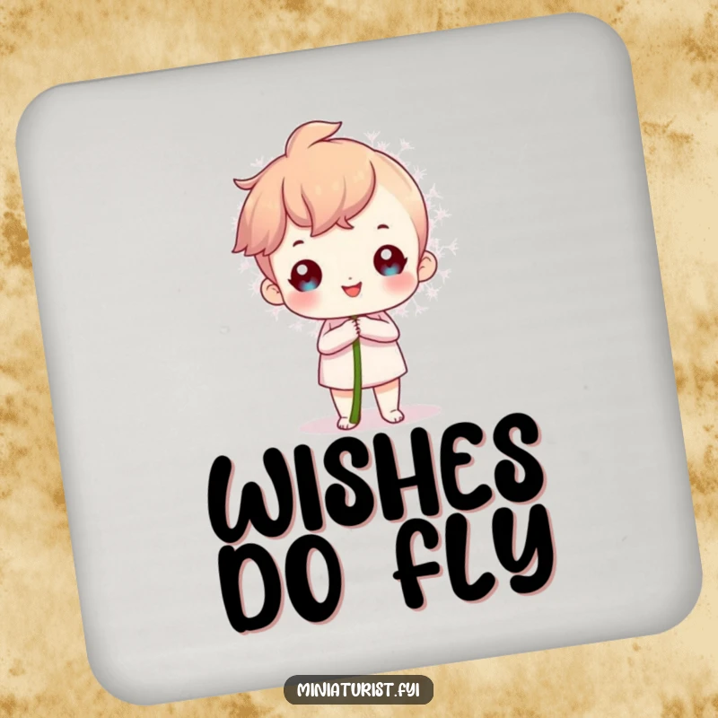 Funny Drink Coaster featuring a proud miniature character holding a huge dandelion seed, adding flair to tables.