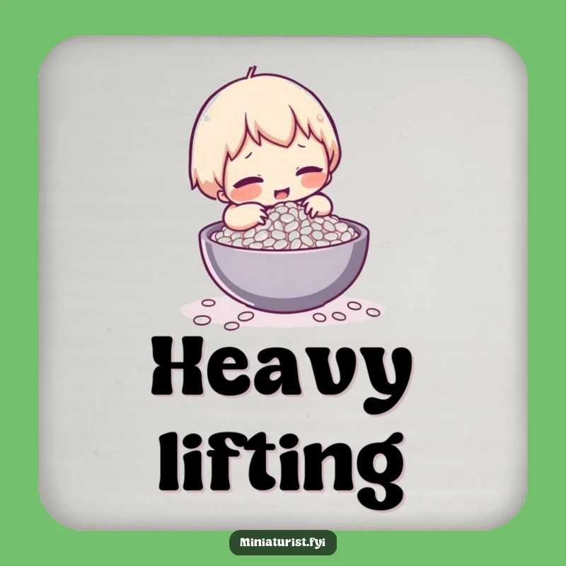 Funny Rice Struggle Coaster: Tiny Character's Comical Effort, Protect Surfaces with Humor, Funny Gift