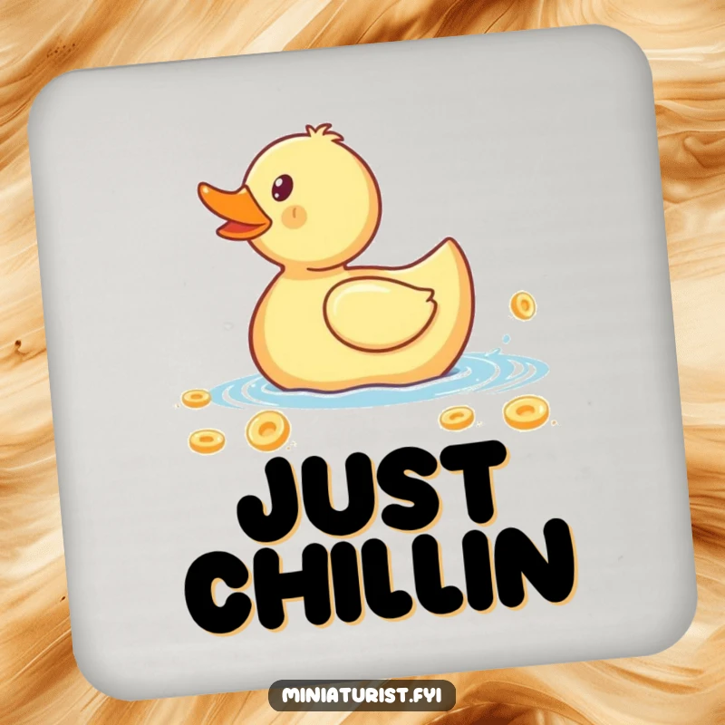 Funny drink coaster featuring a tiny rubber ducky paddling a giant cereal flake, a humorous item to protect surfaces.