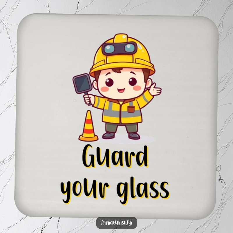 Funny drink coaster with a tiny character in a construction hat directing miniature traffic, adding a humorous and organized touch.