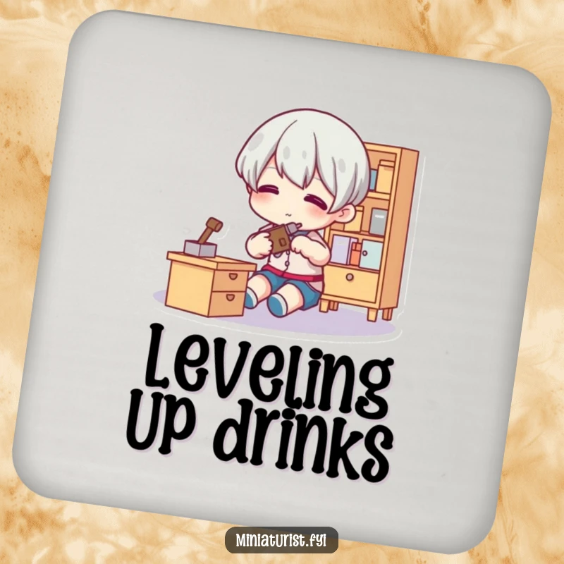 Funny Tiny Fixer Coaster featuring a small figure with a tool adjusting miniature furniture, protecting surfaces with artistic and humorous flair.