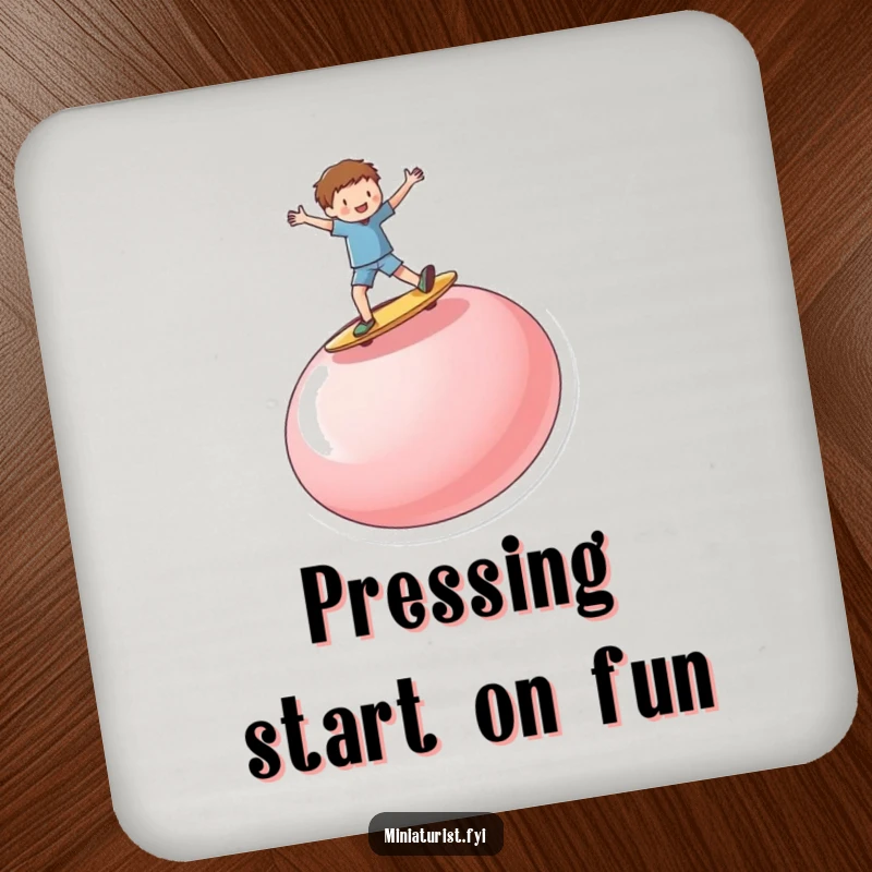 Funny miniature person enthusiastically surfing on a ridiculously large, upturned button, protecting surfaces with this cute drink coaster.