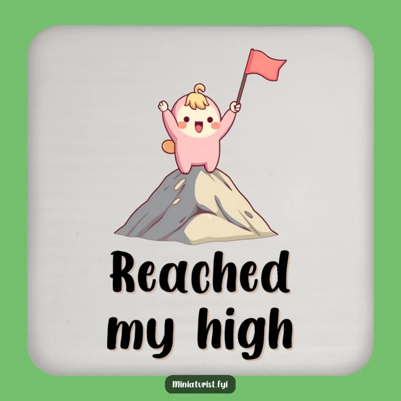 Funny Mountaintop Coaster: Cute Character Flag Waving, Perfect Funny Gift for Tables