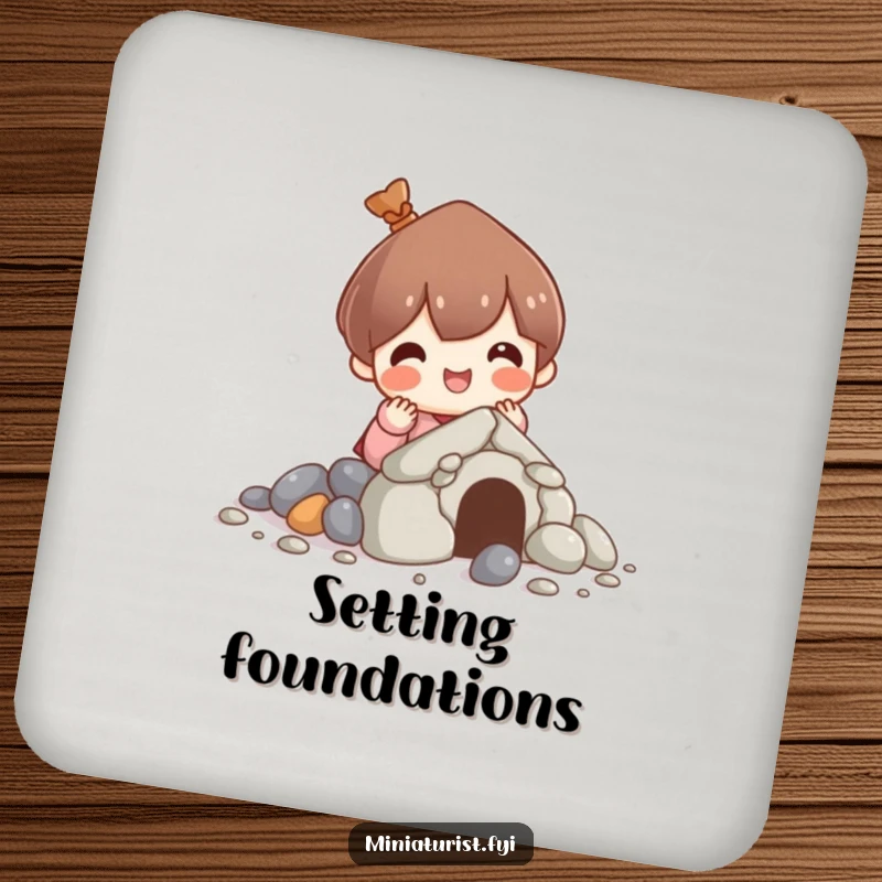 Funny drink coaster featuring a character building a house from pebbles, adding a charming and humorous touch to table settings.