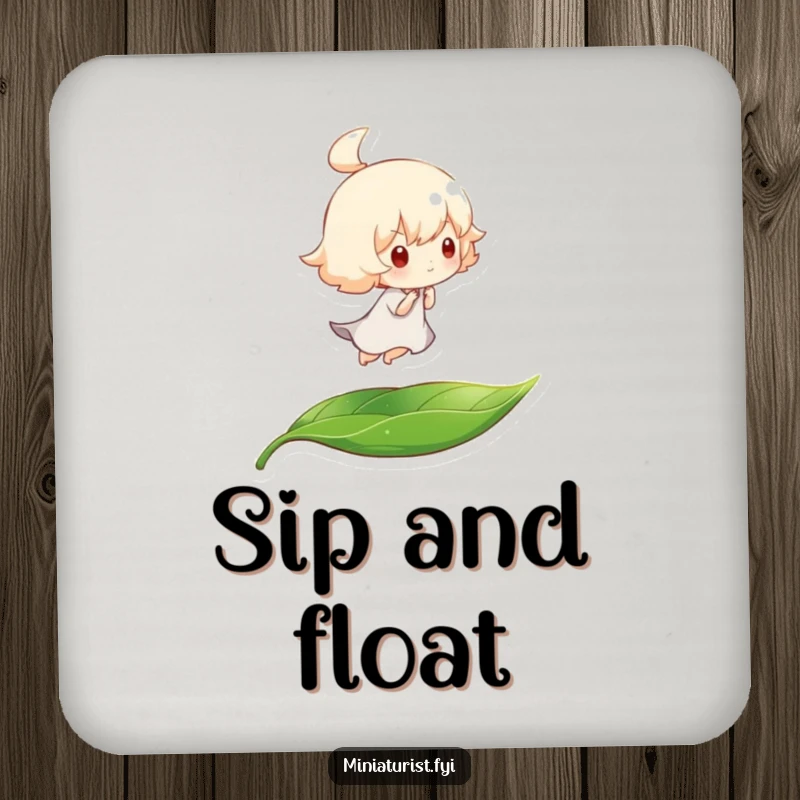 Funny drink coaster featuring a tiny character riding a leaf, carried by a gentle breeze, protecting surfaces with humorous charm.