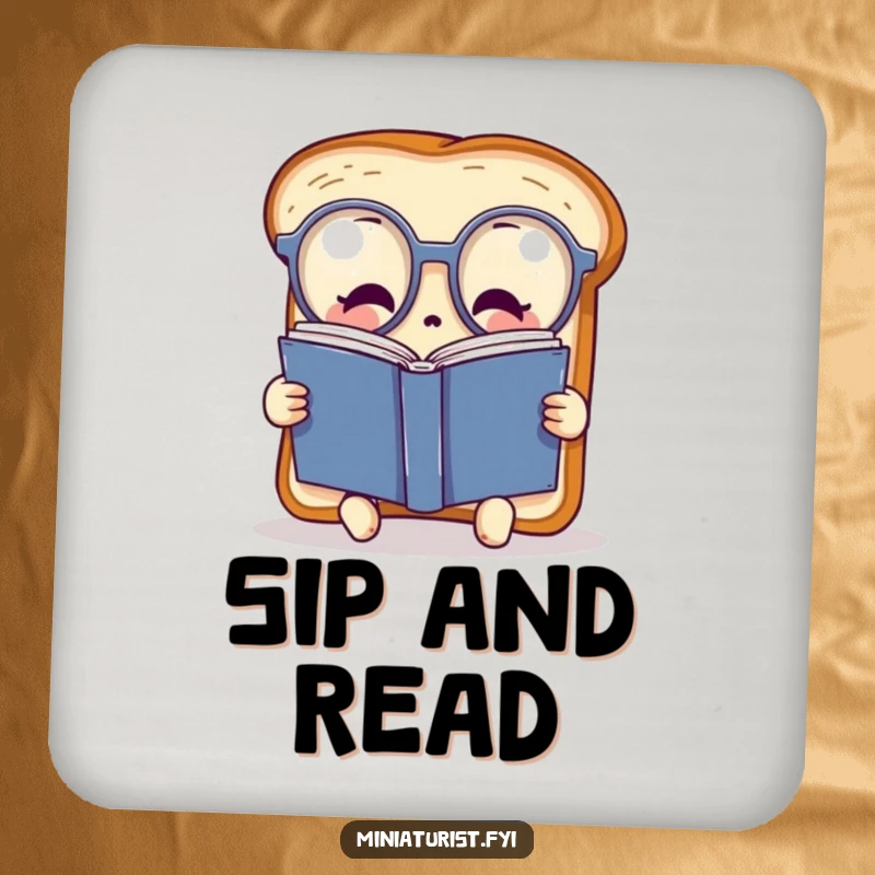 Funny miniature toast character wearing oversized spectacles, reading a huge book, featured on a protective drink coaster for a touch of humorous intellect.