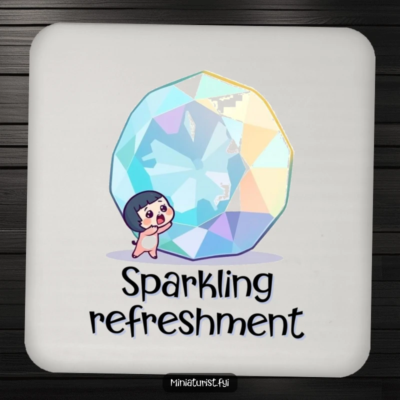 Funny tiny character with a surprised gasp, discovering a colossal, sparkling gemstone, protecting surfaces with this cute drink coaster.