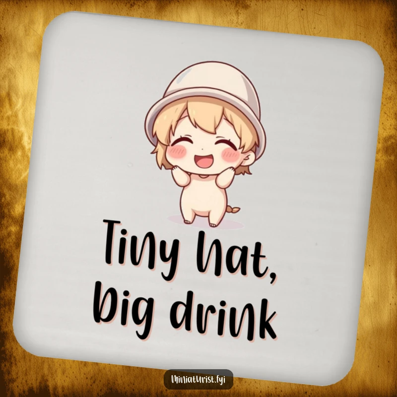 Funny tiny character giggling while attempting to wear a thimble as a hat, protecting surfaces with this cute drink coaster.