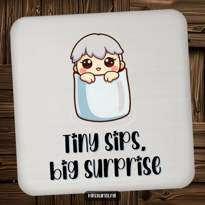 Funny Coaster: A miniature character peeks out from a thimble with a surprised expression, adding humor to drinks.