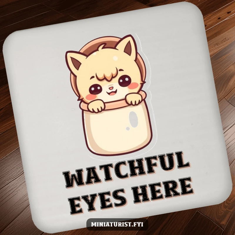 Funny drink coaster showing a small character peeking out of a thimble with a mischievous grin, a humorous piece of decor.