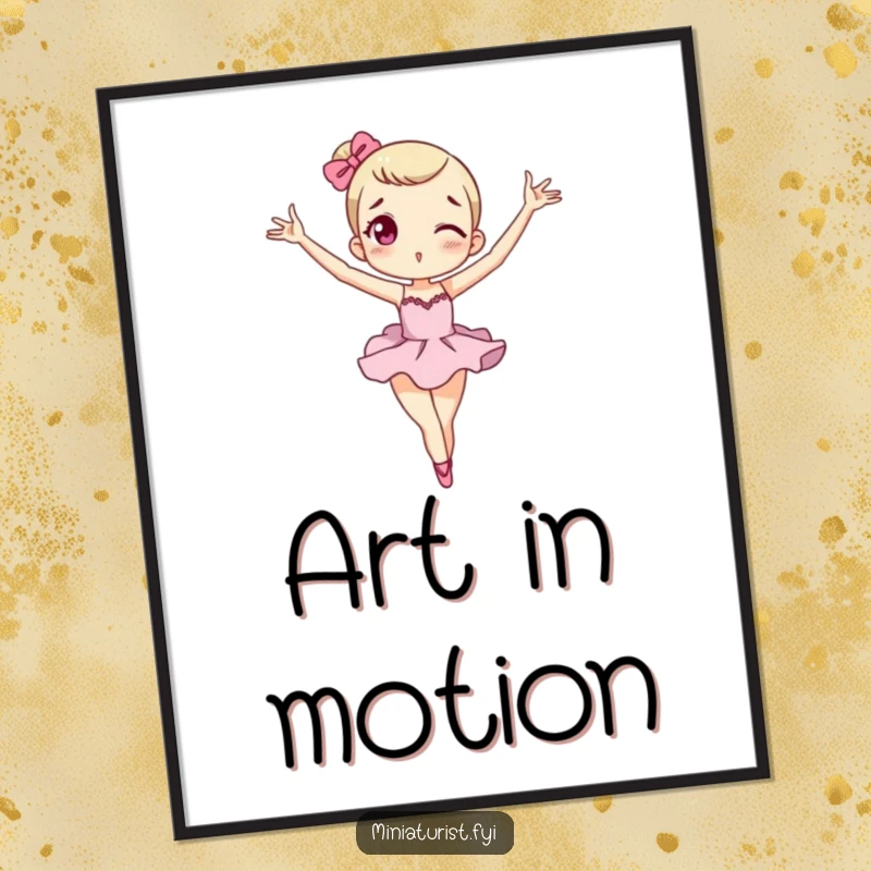 Funny miniature macaron poster of a tiny character striking a silly, exaggerated ballet pose, artistic and humorous.