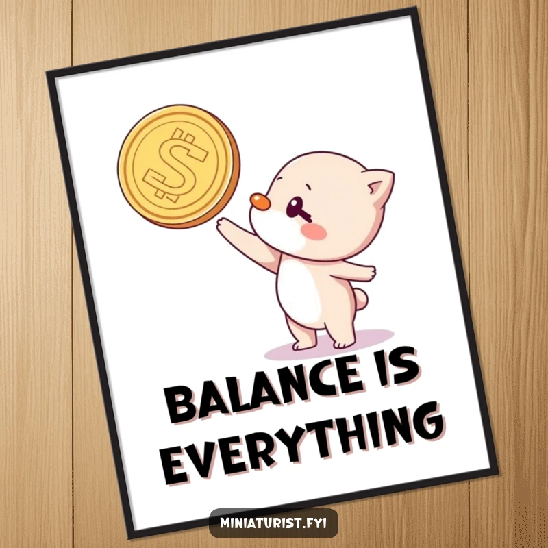 Funny poster featuring a small character in the comical act of balancing a giant coin on its nose, radiating playful energy.