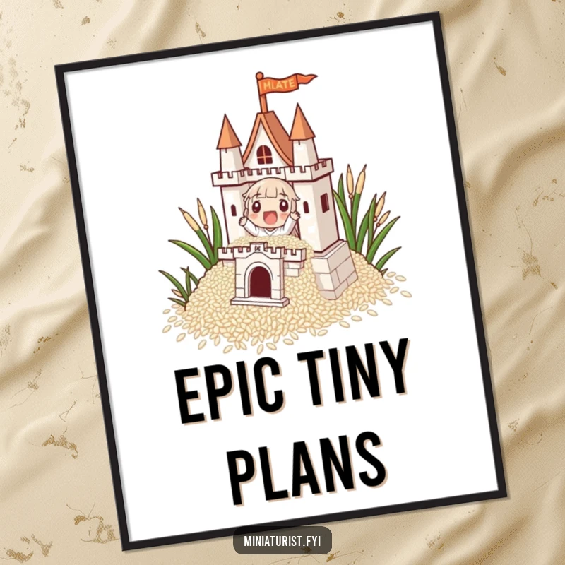Funny, minuscule character intently constructing a detailed castle from rice grains, featured as an inspiring poster.