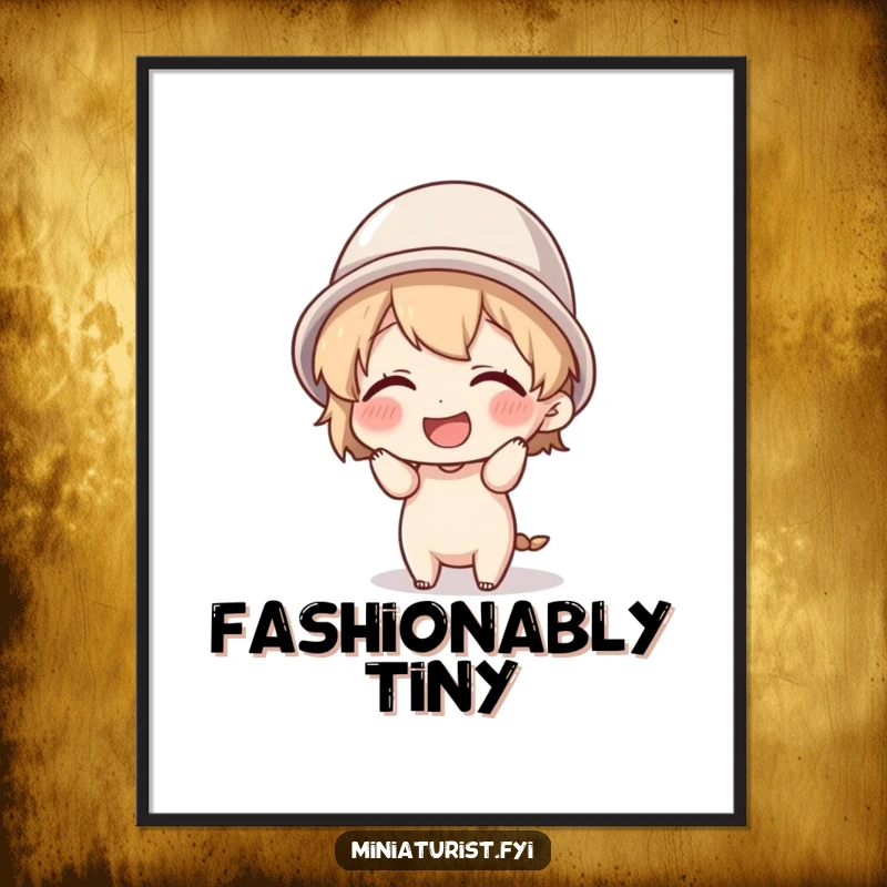 Funny tiny character giggling while attempting to wear a thimble as a hat, captured in a vibrant and humorous poster design.