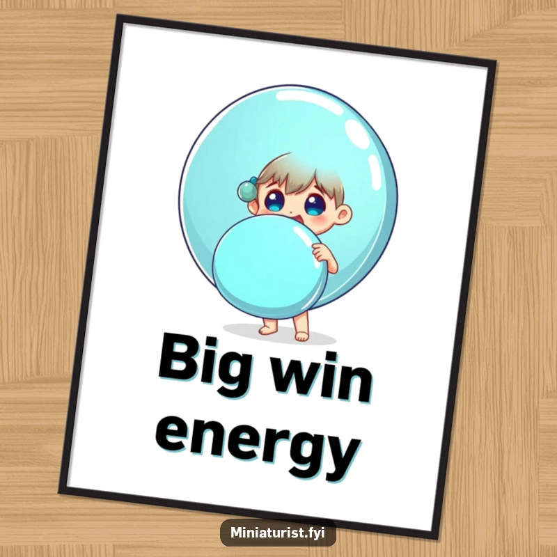 Funny poster of a small person surprised and delighted holding an enormous shiny button, whimsical wall art.