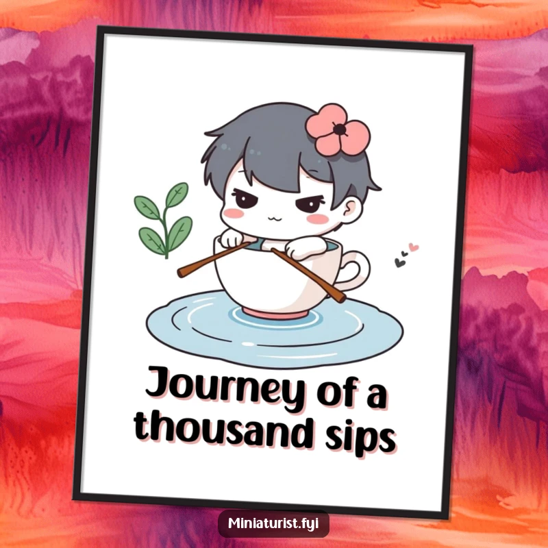 Funny poster of a determined miniature character rowing a teacup across a puddle, inspiring wall art.