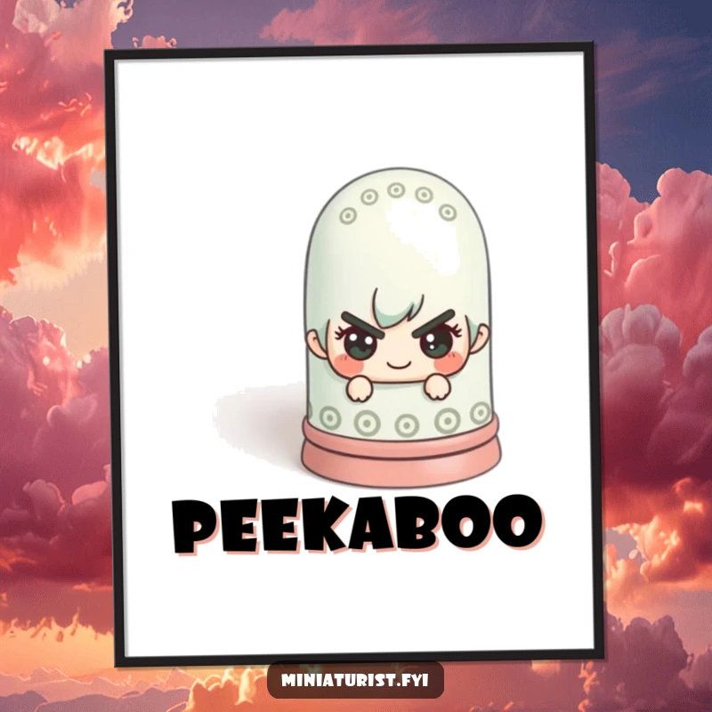 Funny miniature figure with a mischievous look hiding behind a colossal thimble on a wall poster, creating playful art.