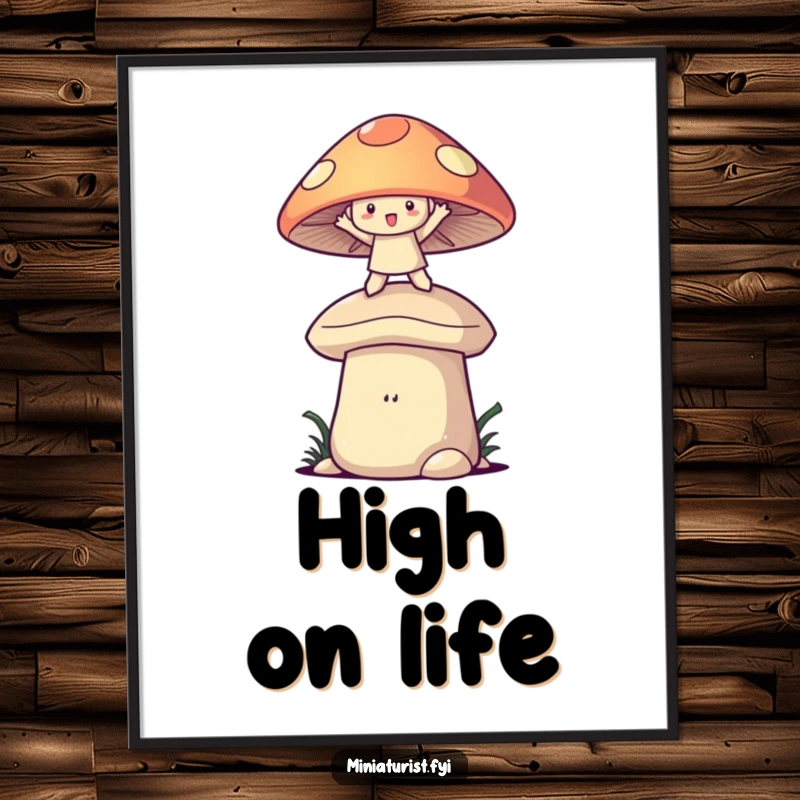 Funny mushroom balance poster showing a small character with arms out on a huge mushroom cap, capturing pure whimsical joy.