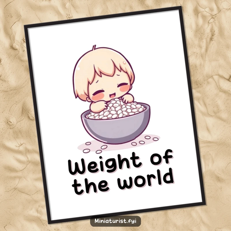 Funny poster featuring a tiny character comically attempting to lift a single grain of rice, showcasing humor and determination.