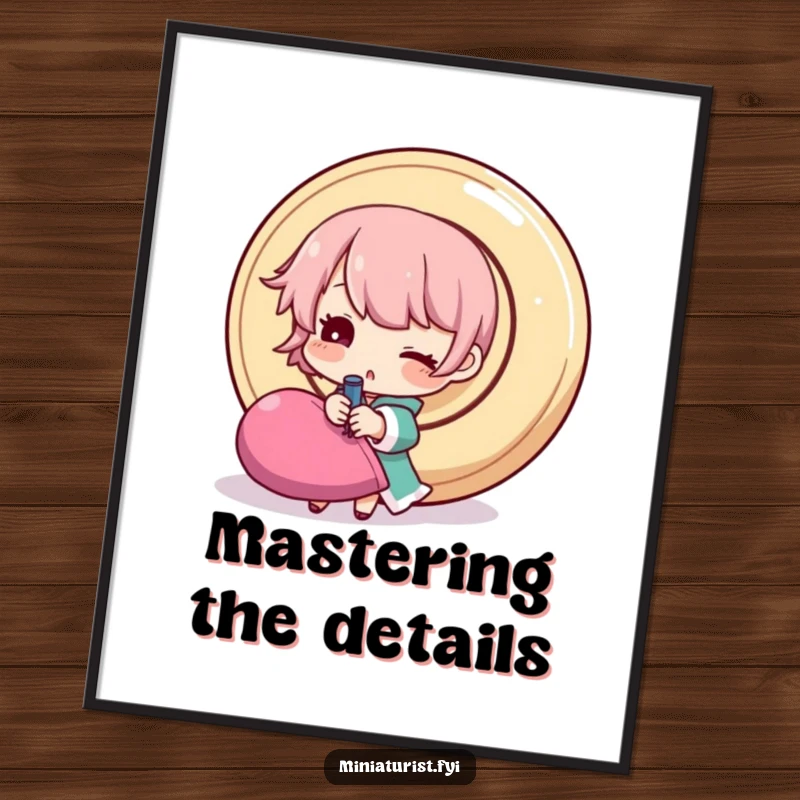 Funny sewing poster depicting a tiny character winking and sewing a disproportionately large button, a humorous piece for any craft room.