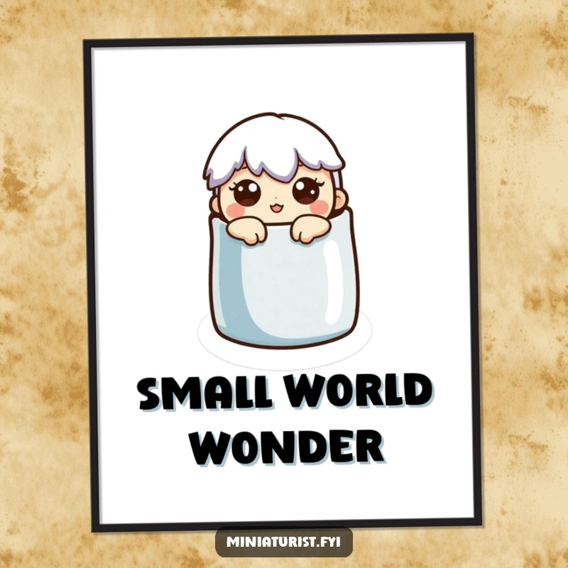 Funny Poster: A miniature character with a startled expression peeks out from within a thimble, making a humorous statement.