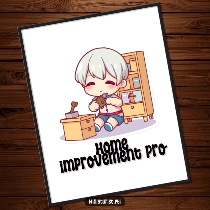 Funny Tiny Fixer Poster featuring a small figure using a tool on miniature furniture, a humorous tribute to craftsmanship and detail.