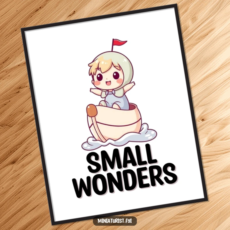 Funny miniature character joyfully sailing a thimble like a boat, presented as a hilarious poster for wall art.