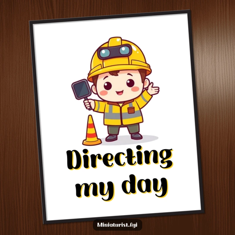 Funny poster featuring a miniature character wearing a construction hat and directing tiny traffic, conveying whimsical control and organization.