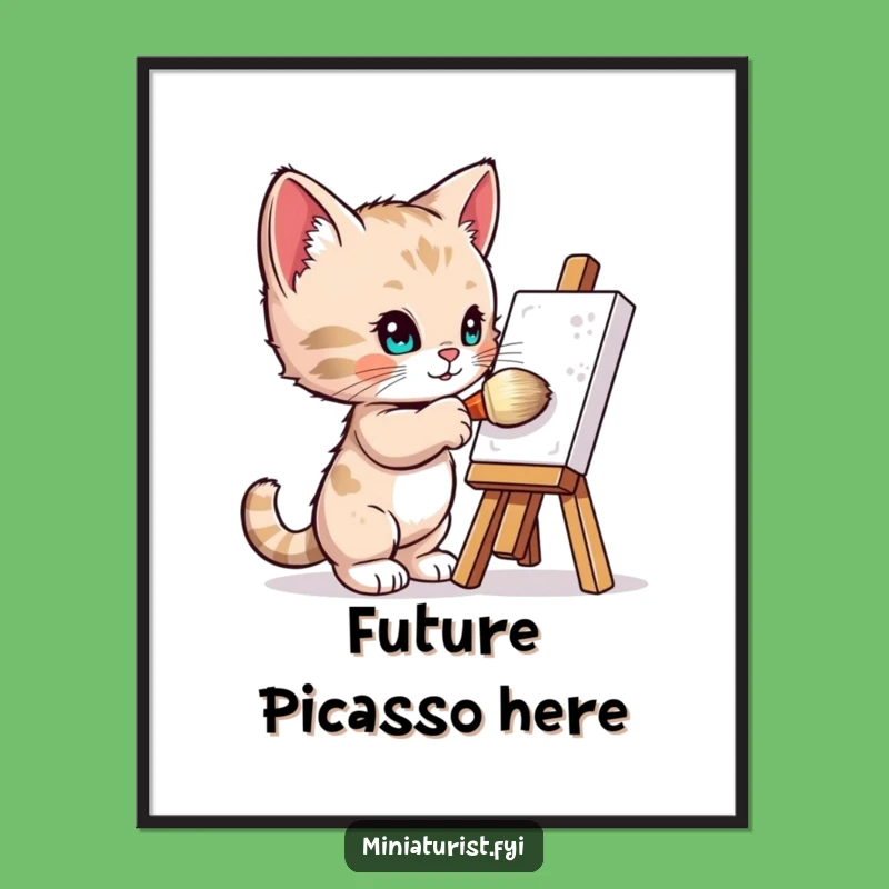 Funny Kitten Painting Poster: Miniature Artist Wall Art Gift