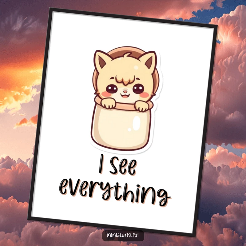 Funny poster art of a small character peeking out of a thimble with a mischievous grin, capturing playful secrecy.