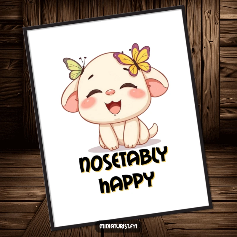 Funny art poster of a miniature character laughing uncontrollably as a butterfly lands on its nose, depicting pure, humorous delight.