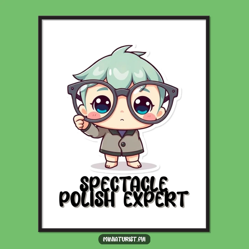 Funny Spectacle Polisher Poster: Tiny Character with Giant Glasses, Whimsical Art