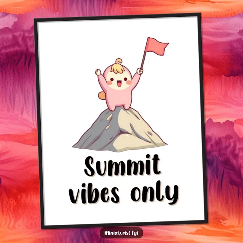 Funny art poster of a cute character exuberantly waving a tiny flag on a mountain peak, celebrating a funny, personal victory.