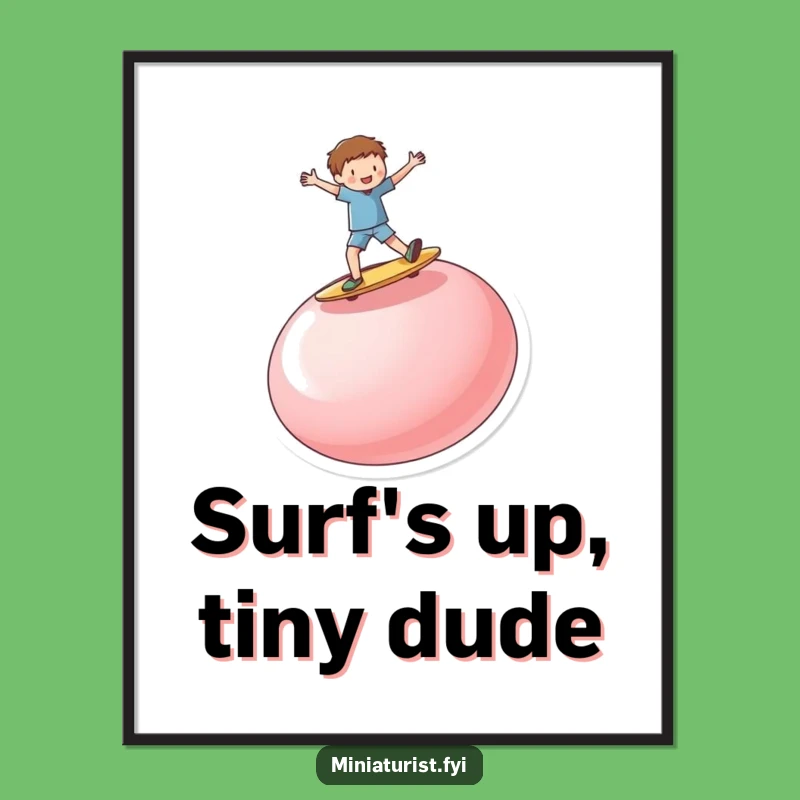 Funny Button Surf Poster: Miniature Person's Epic Ride for Your Wall!
