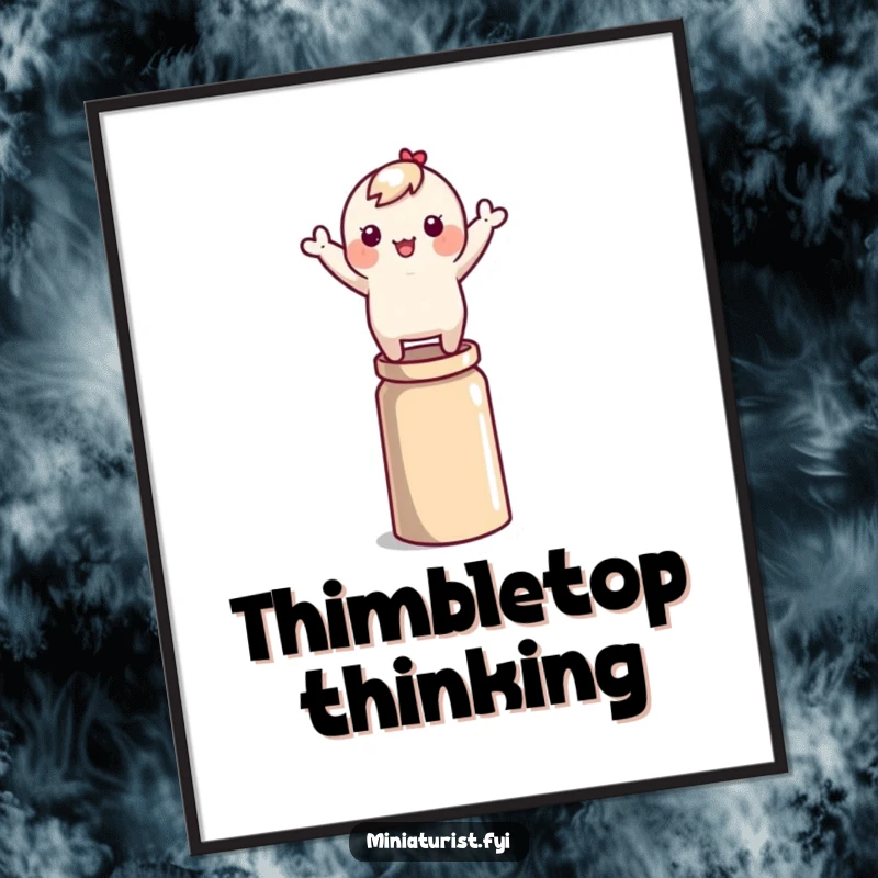 Funny tiny character precariously balancing on a thimble, arms waving, illustrated in a dynamic art print.