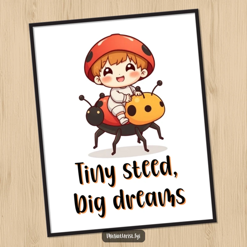 Funny poster featuring a gleeful tiny figure riding a ladybug like a grand steed, capturing a moment of pure, whimsical joy.