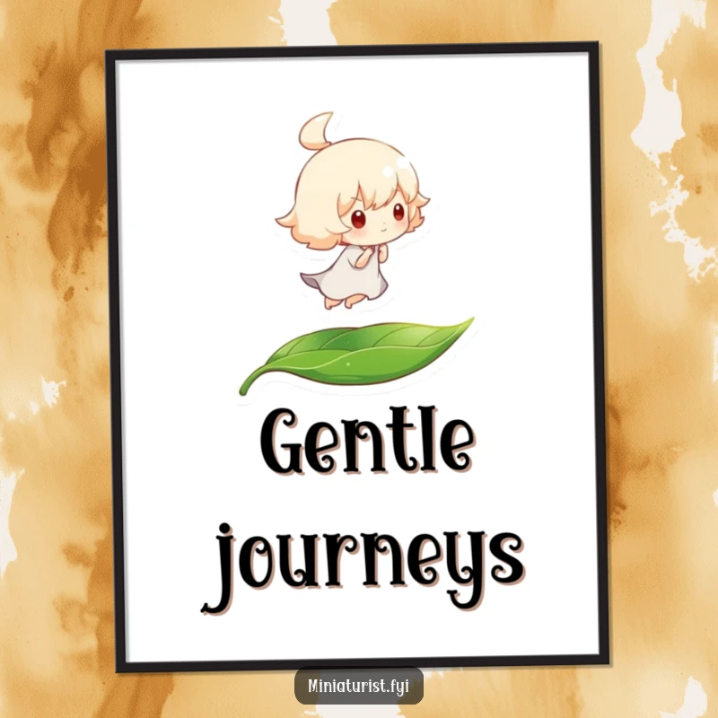 Funny art poster of a tiny character blissfully carried by a breeze on a leaf, embodying peaceful, humorous, and whimsical travel.