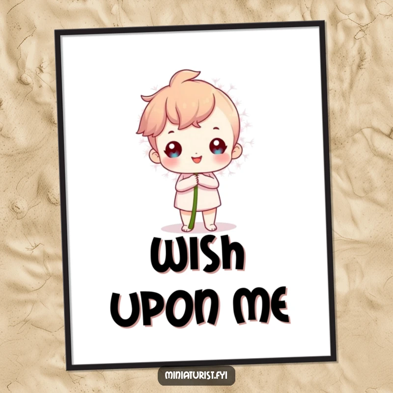 Funny Poster of a proud miniature character holding a large dandelion seed, evoking a spirit of ambition.