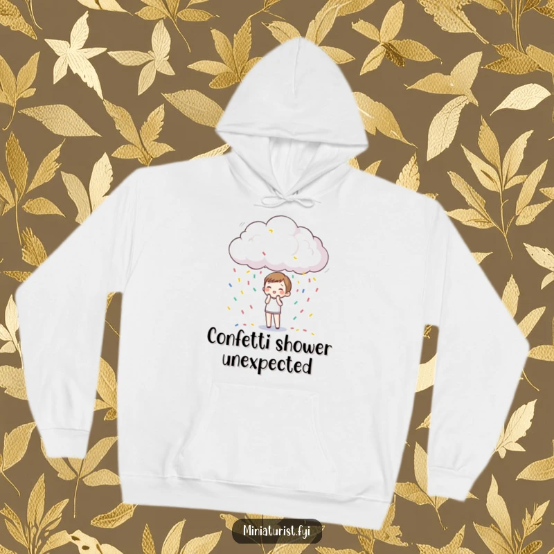 Funny Hoodie: A miniature character is joyfully surprised by a tiny raincloud generously showering them with confetti.
