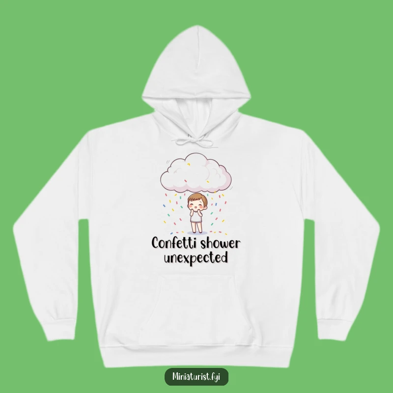 Funny Confetti Rain Hoodie: Cozy Tiny Surprise Character in Miniature Cloud, Warm Gift