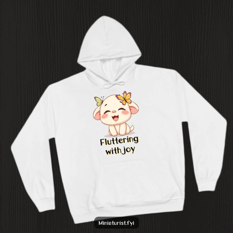 Funny hoodie with a miniature character laughing heartily as a butterfly lands on its nose, perfect for cozy, humorous moments.