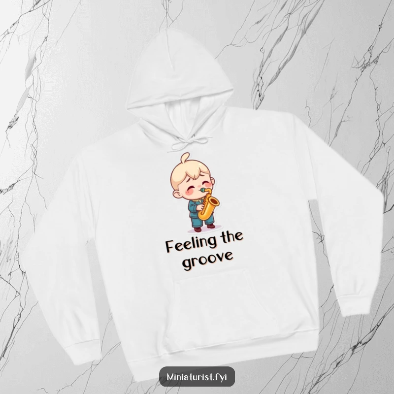 Funny saxophone hoodie with a miniature character playing a tiny sax enthusiastically, offering cozy warmth and musical cheer.