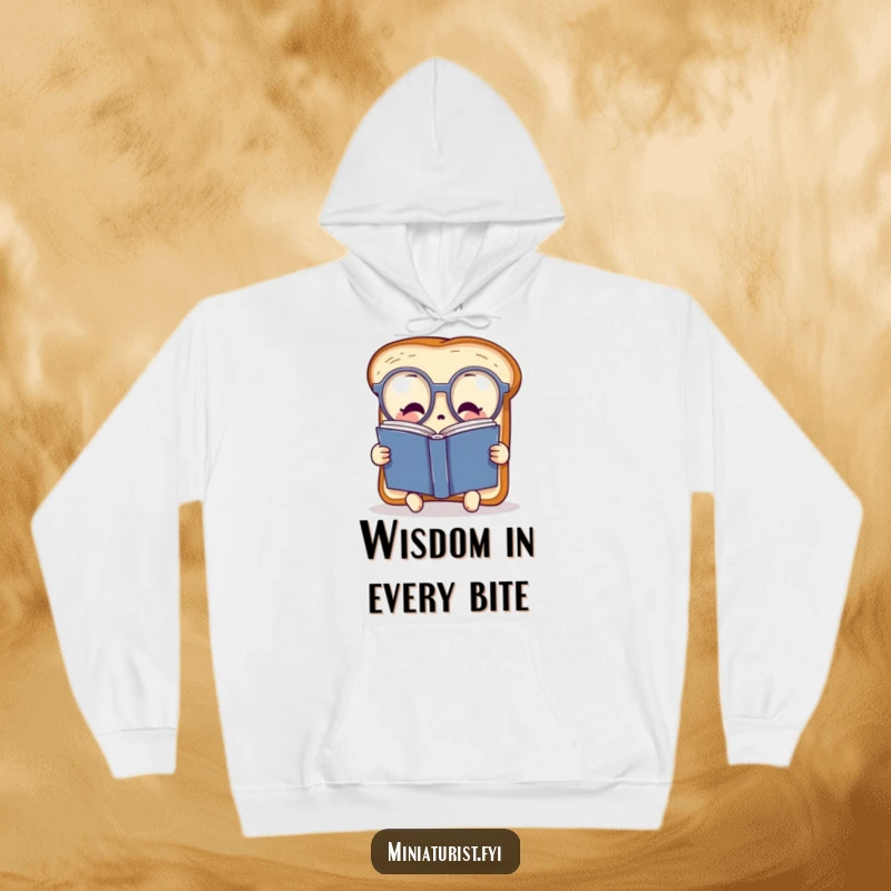 Funny miniature toast character wearing oversized spectacles, reading a huge book, designed for cozy comfort in this stylish hoodie.