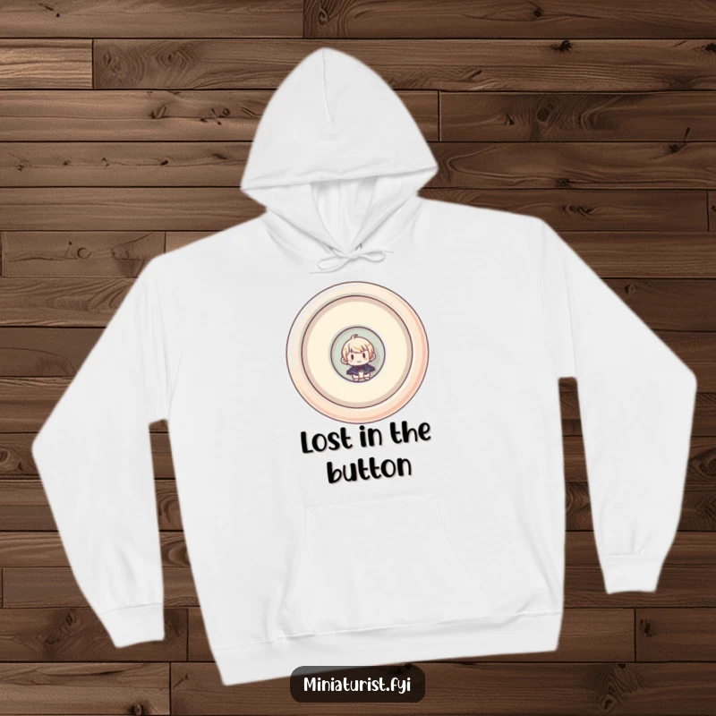 Funny hoodie illustrating a miniaturist character humorously peeking from inside a huge, upside-down button, perfect for cozy days.