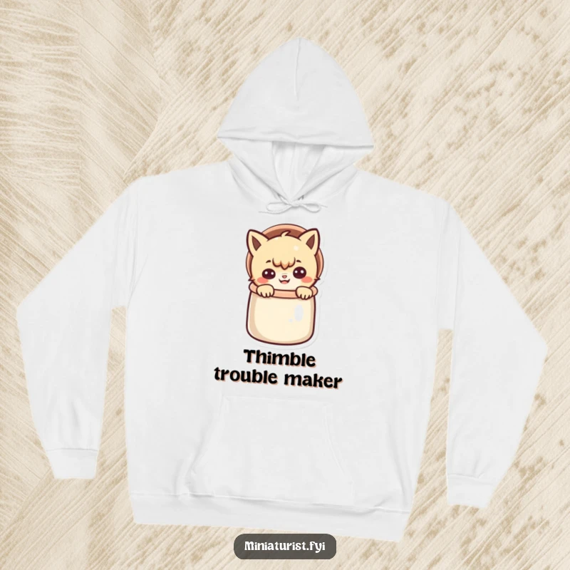 Funny hoodie showing a small character peeking out of a thimble with a mischievous grin, perfect for cozy mischief.