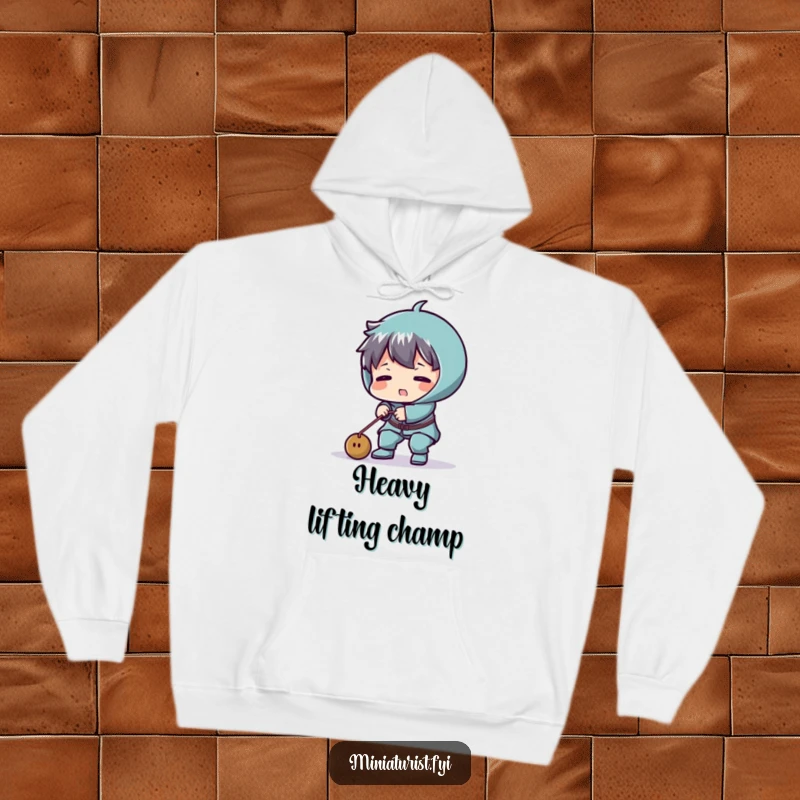 Funny hoodie depicting a tiny character comically struggling to lift a minuscule weight, embodying humorous fitness.